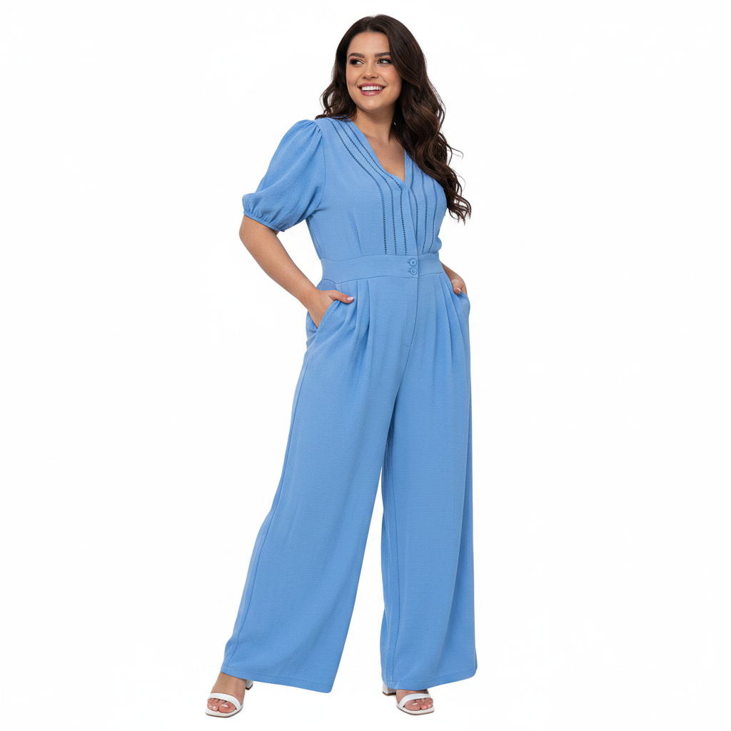 Curvy Jumpsuit Blauw - Pofmouwen & Broderie detail Broeken