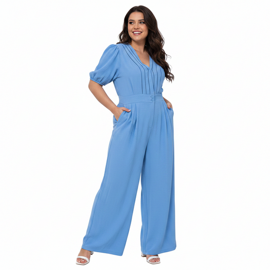 Curvy Jumpsuit Blauw - Pofmouwen & Broderie detail Broeken