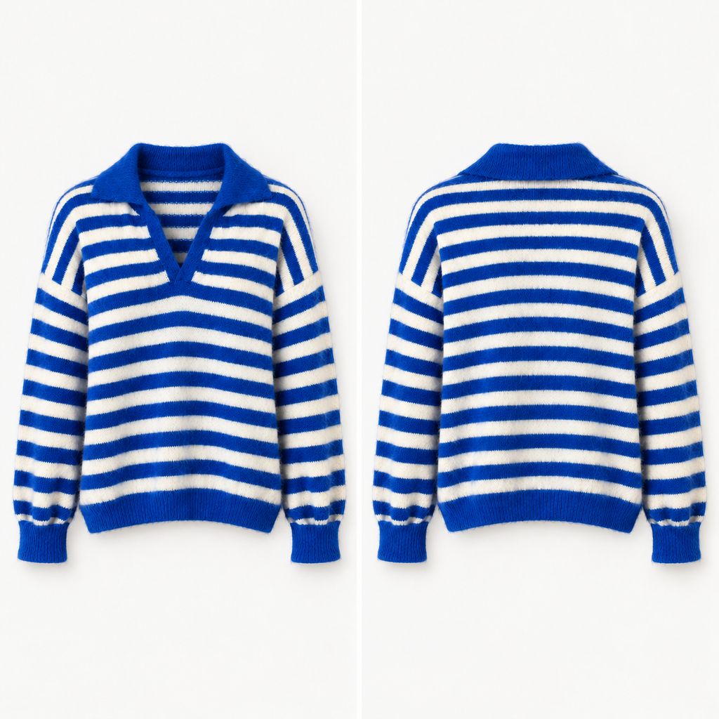 Blauw-Ecru Gestreepte Trui Met Kraag trui