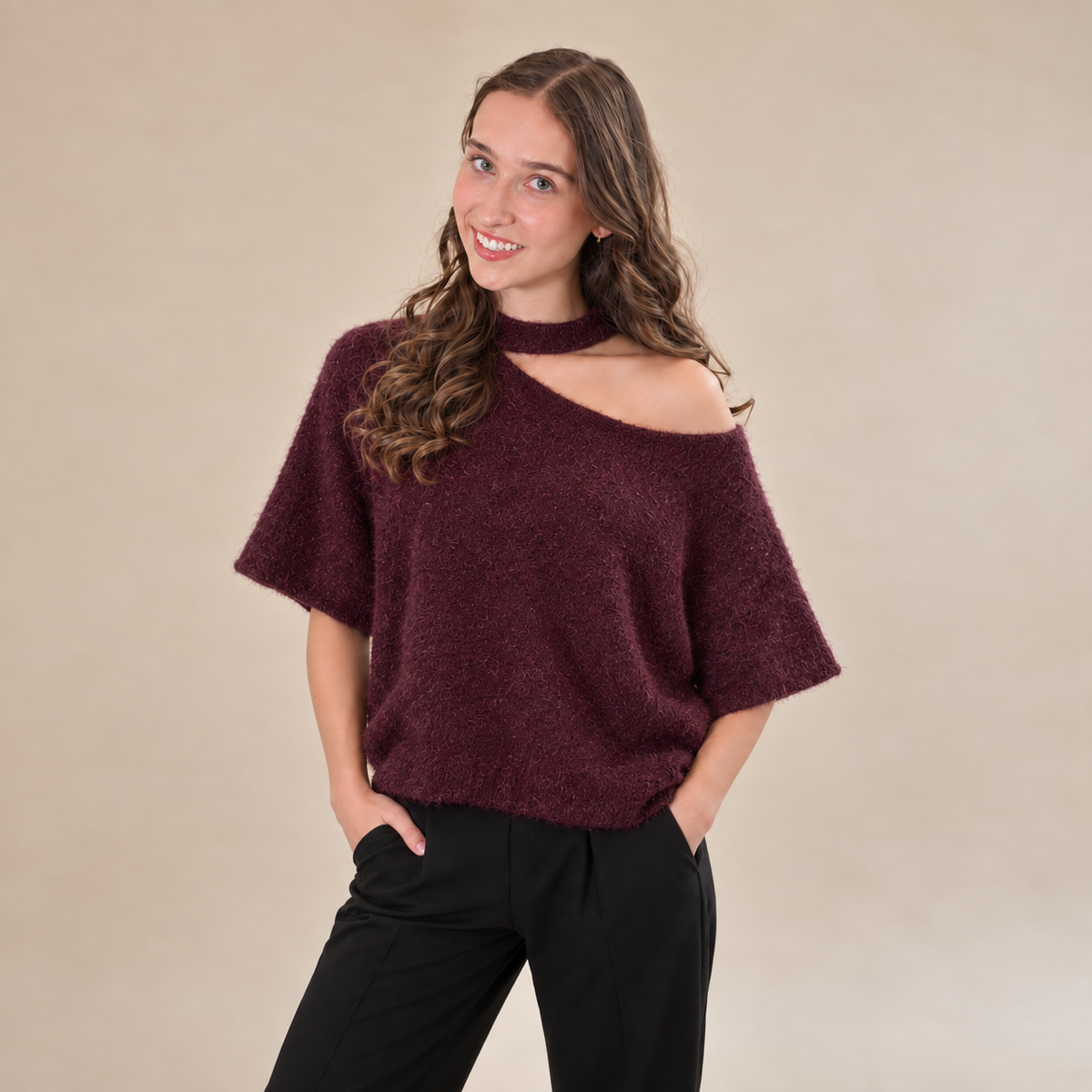 Oversized Trui Met Open Schouder | Meerdere Kleuren Burgundy trui