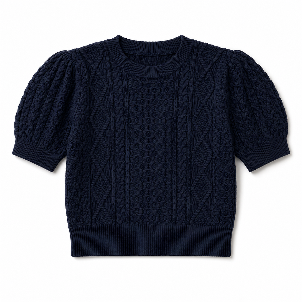 Kabeltrui Crop Korte Mouw - Navy Sweaters