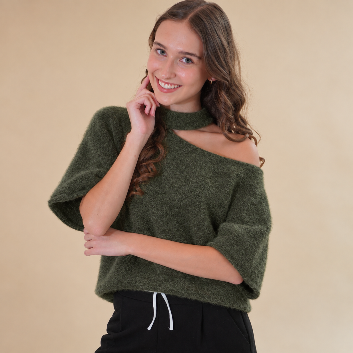 Oversized Trui Met Open Schouder | Meerdere Kleuren Kaki trui