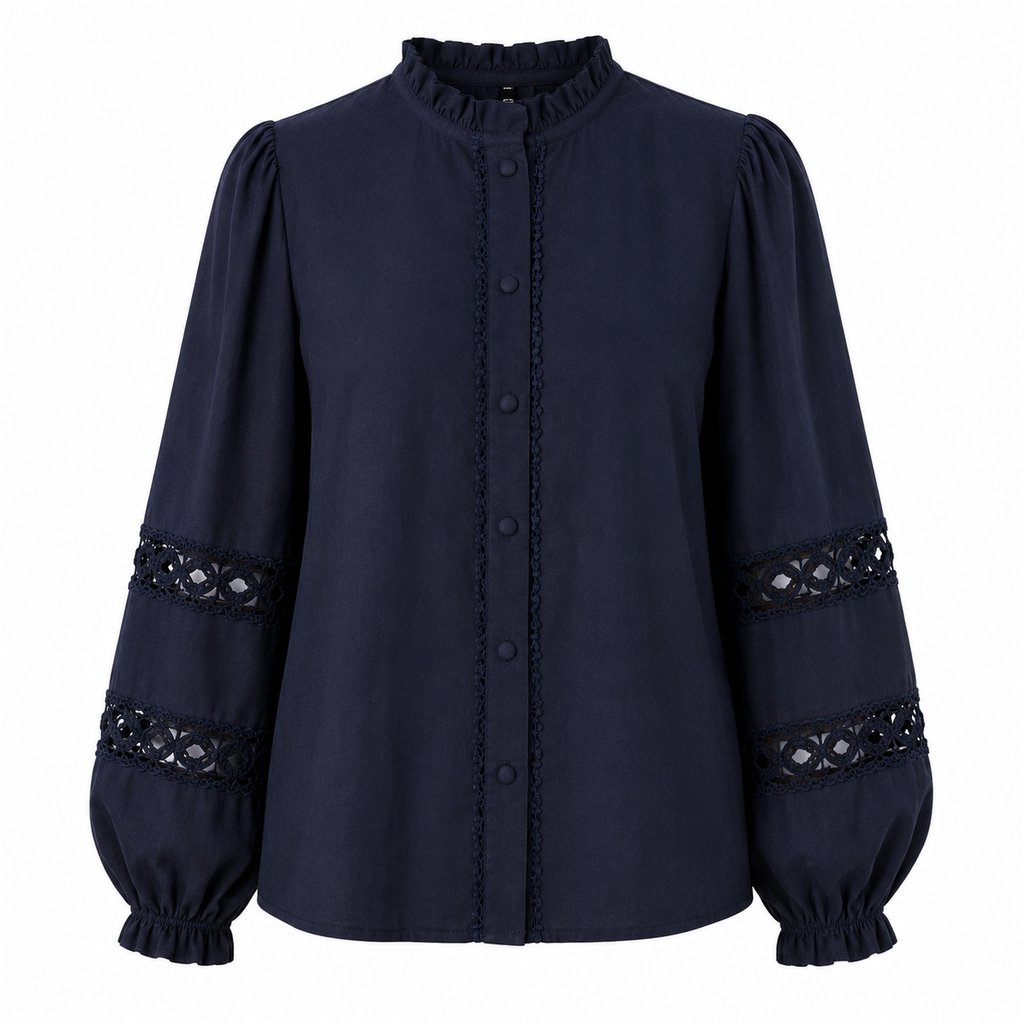 Navy Broderie Blouse met Ruffles – 100% Katoen Blouses