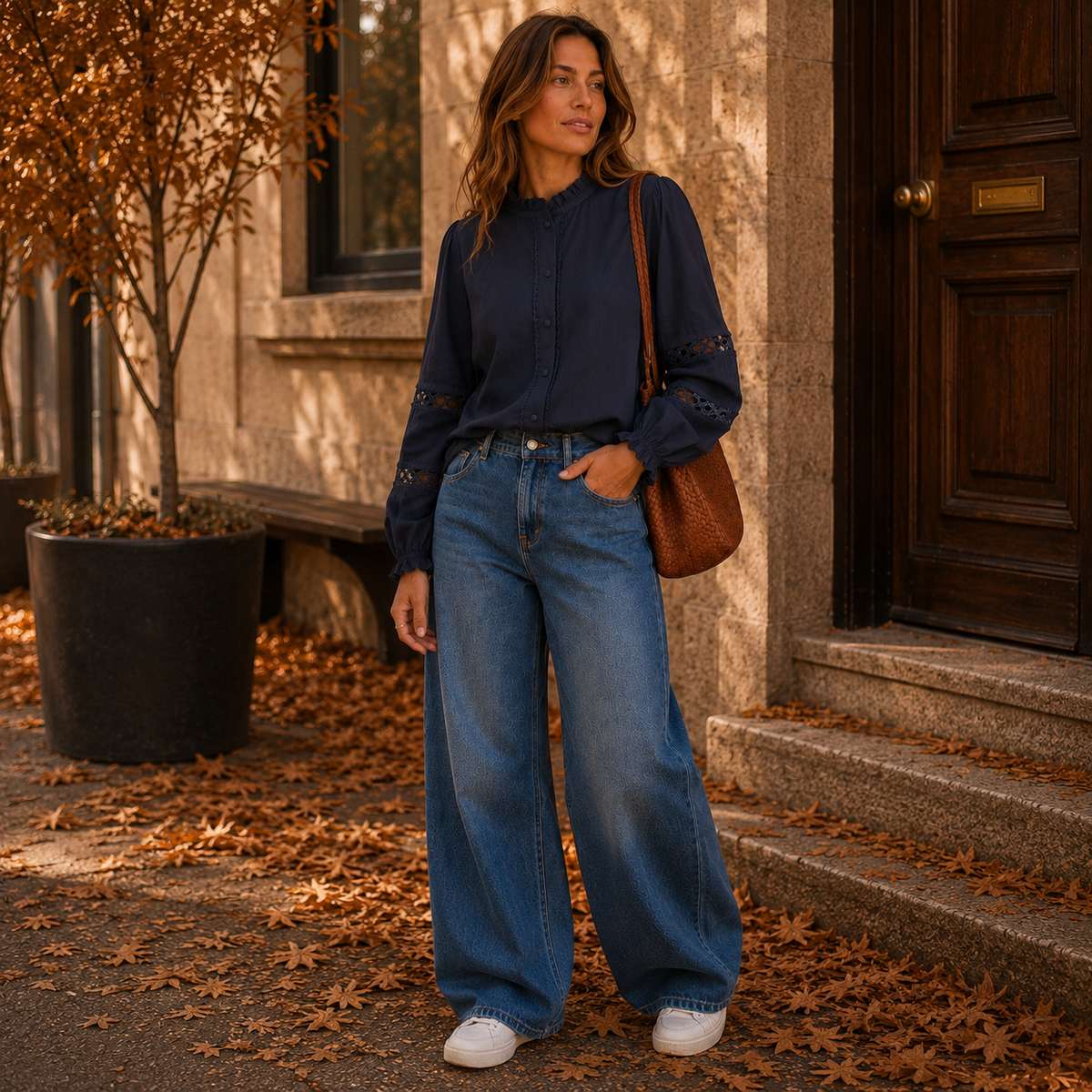 Navy Broderie Blouse met Ruffles – 100% Katoen Blouses