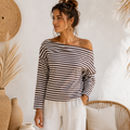 Off Shoulder Gestreepte Top - Beige/Bruin top