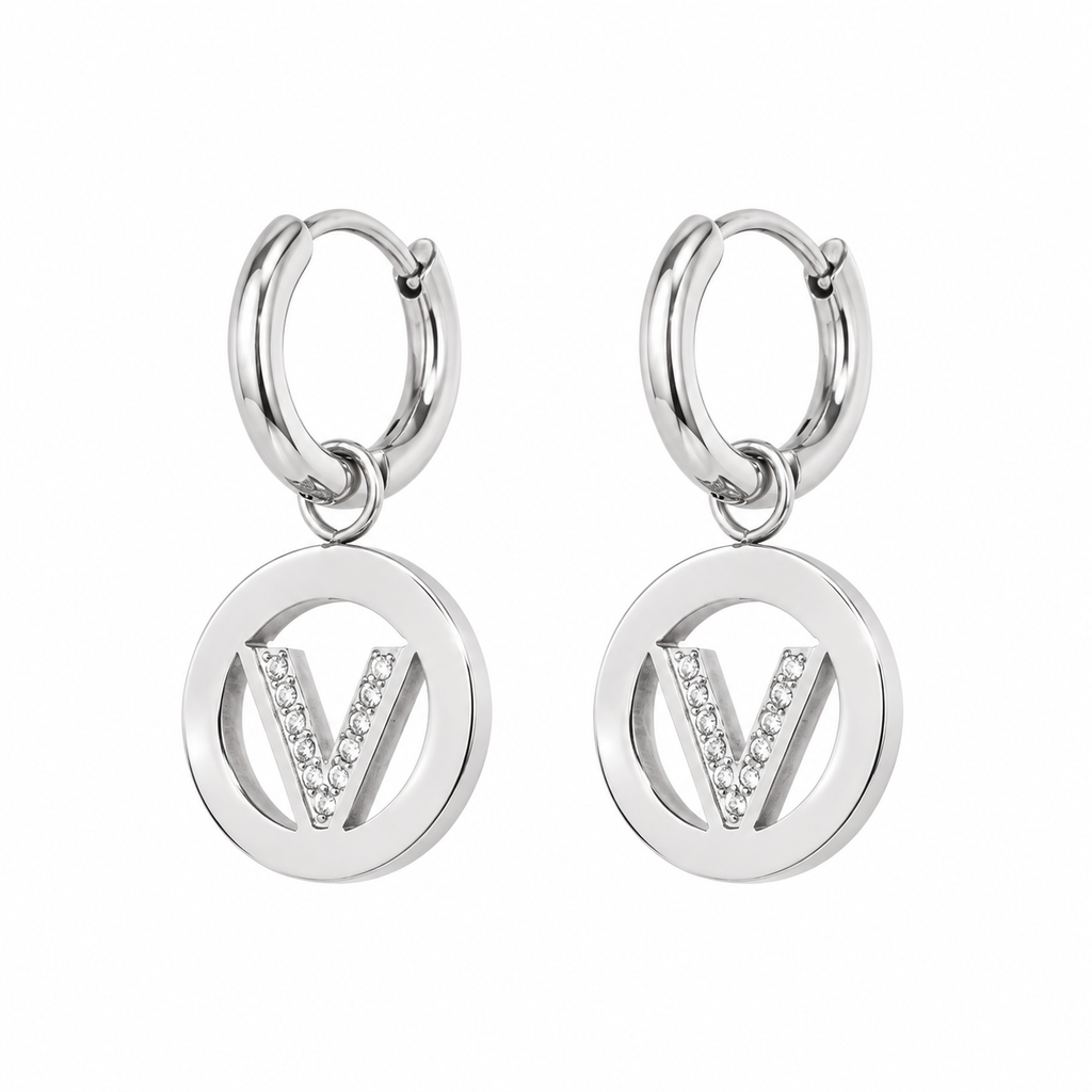 Oorbellen V-Circle Strass - Zilver oorbellen