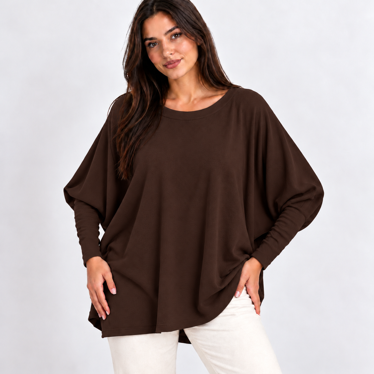 Oversized Plussize Top met Wijde Mouwen Bruin Top
