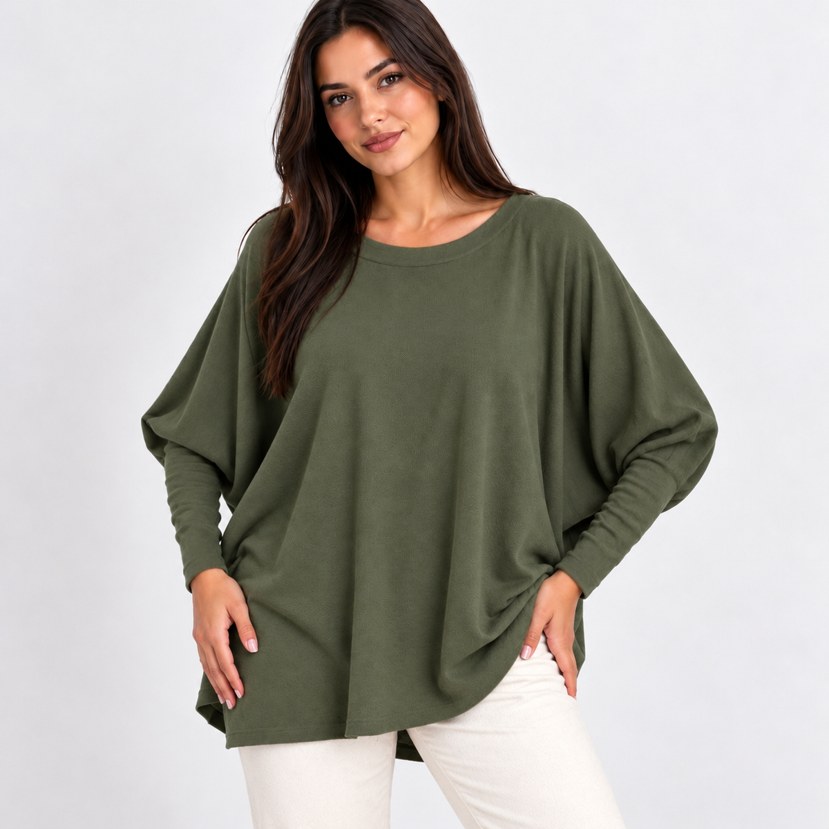 Oversized Plussize Top met Wijde Mouwen Kaki Top