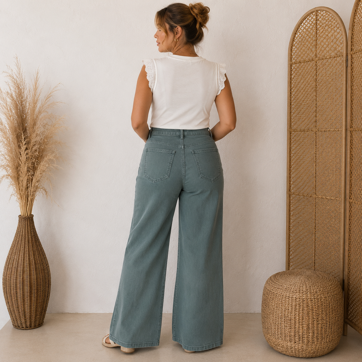 Wide Leg Jeans Kaki High Waist broeken