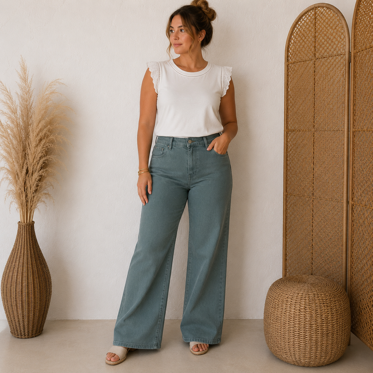 Wide Leg Jeans Kaki High Waist broeken