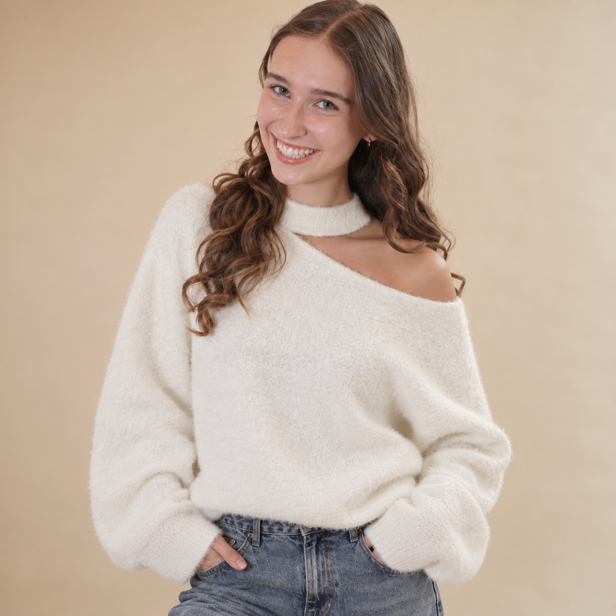 Fluffy One Shoulder Trui - Wit