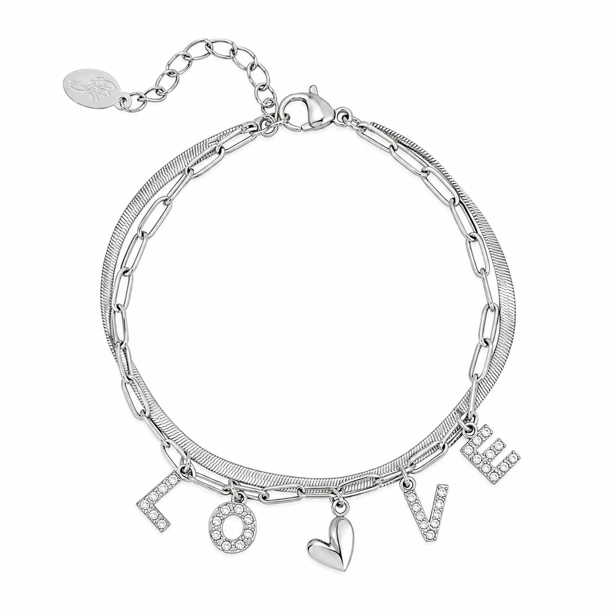 Zilverkleurige dubbele stainless steel armband met LOVE-detail, hartje en fonkelende strass steentjes.