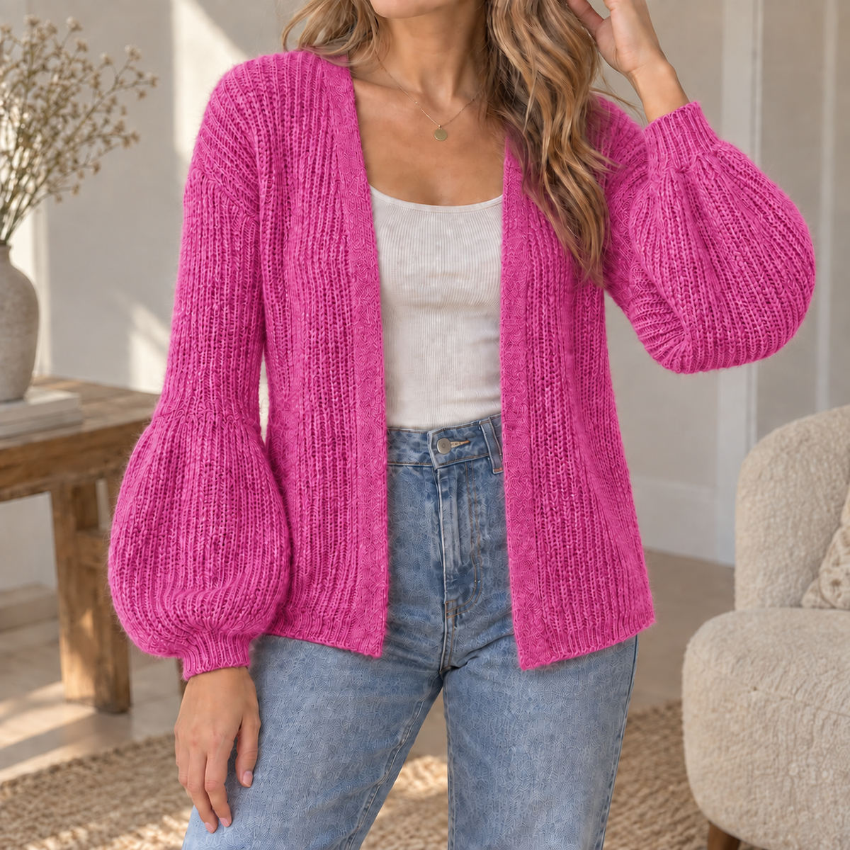 Fuchsia wollen vest met pofmouwen ij charlis