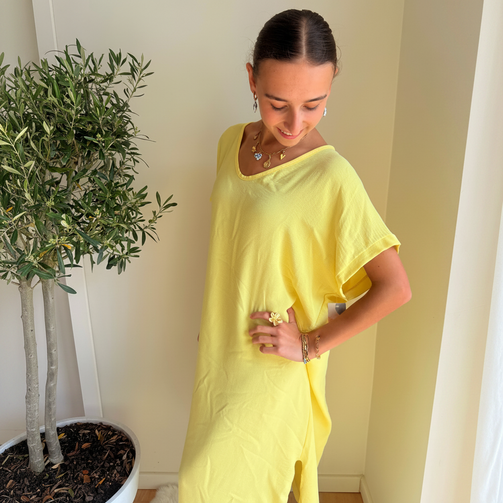 Midi Dress Korte Mouwen | One Size 36-48 Geel Jurken
