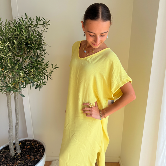 Midi Dress Korte Mouwen | One Size 36-48 Geel Jurken