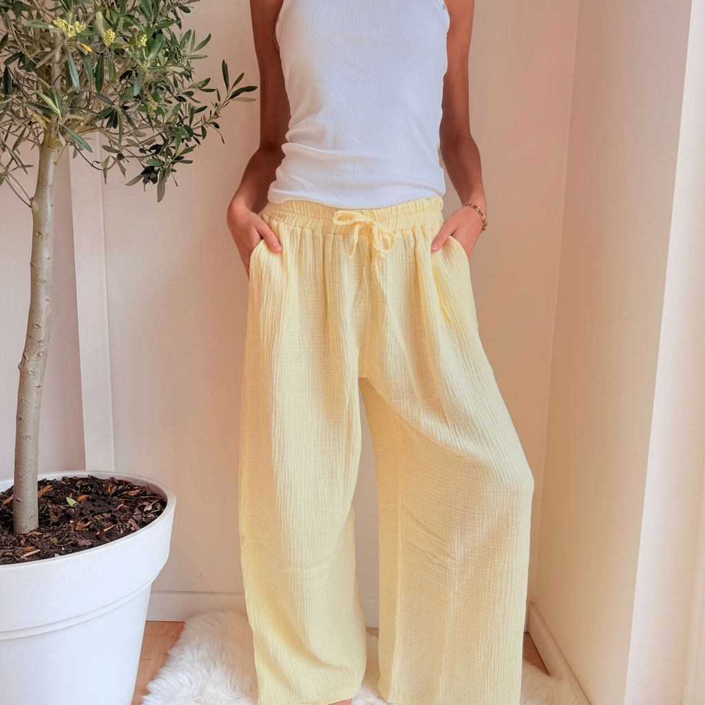 Gele Oversized Wide Leg Broek Cotton Gauze