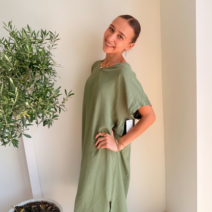 Midi Dress Korte Mouwen | One Size 36-48 Kaki Jurken