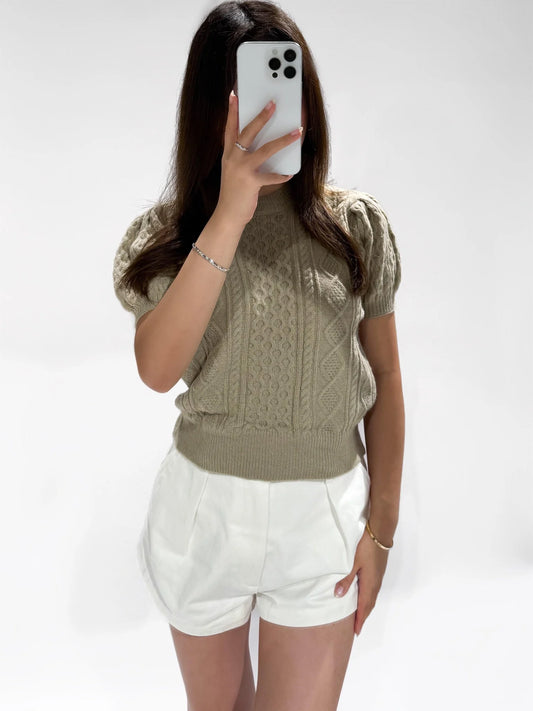 Cropped Kabeltrui Korte Mouw - Taupe Sweaters