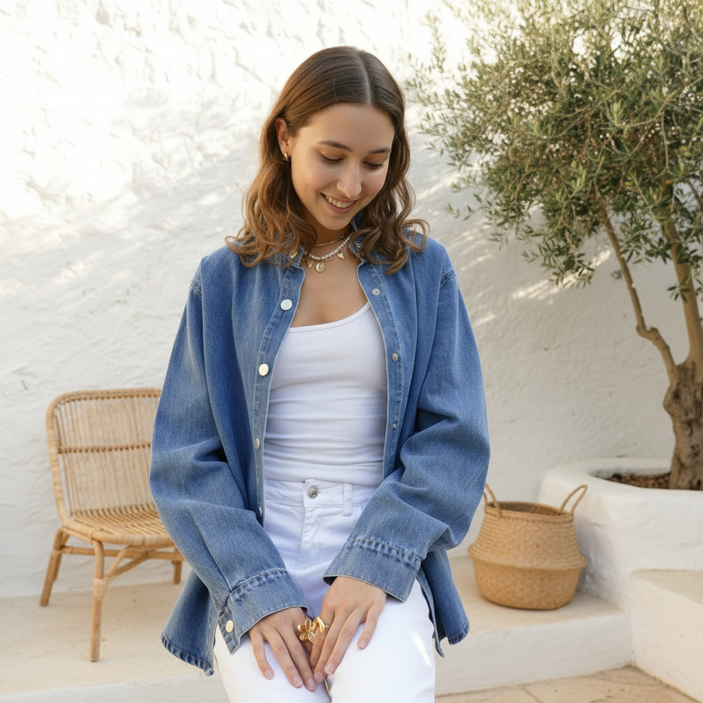 Annelies Denim Blouse — Ruffled Kraagje met Drukknopen Blouse
