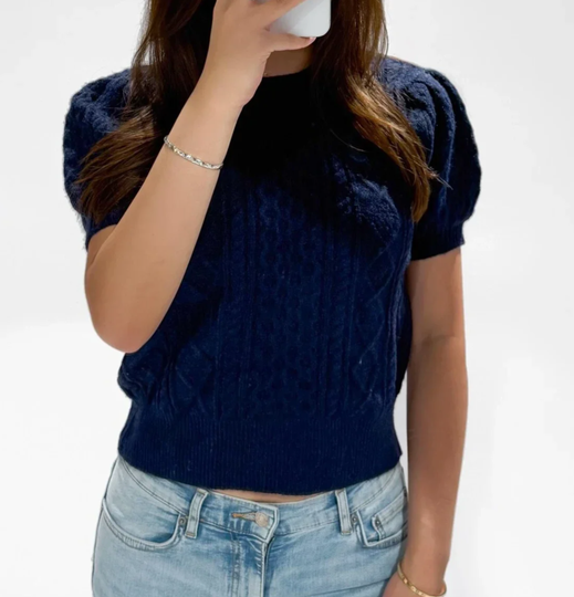 Cropped Kabeltrui Korte Mouw - Navy Sweaters
