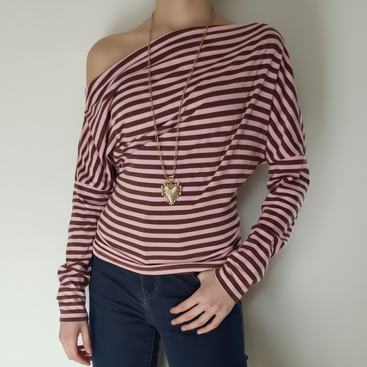 Off Shoulder Gestreepte Top - Roze/Bruin top