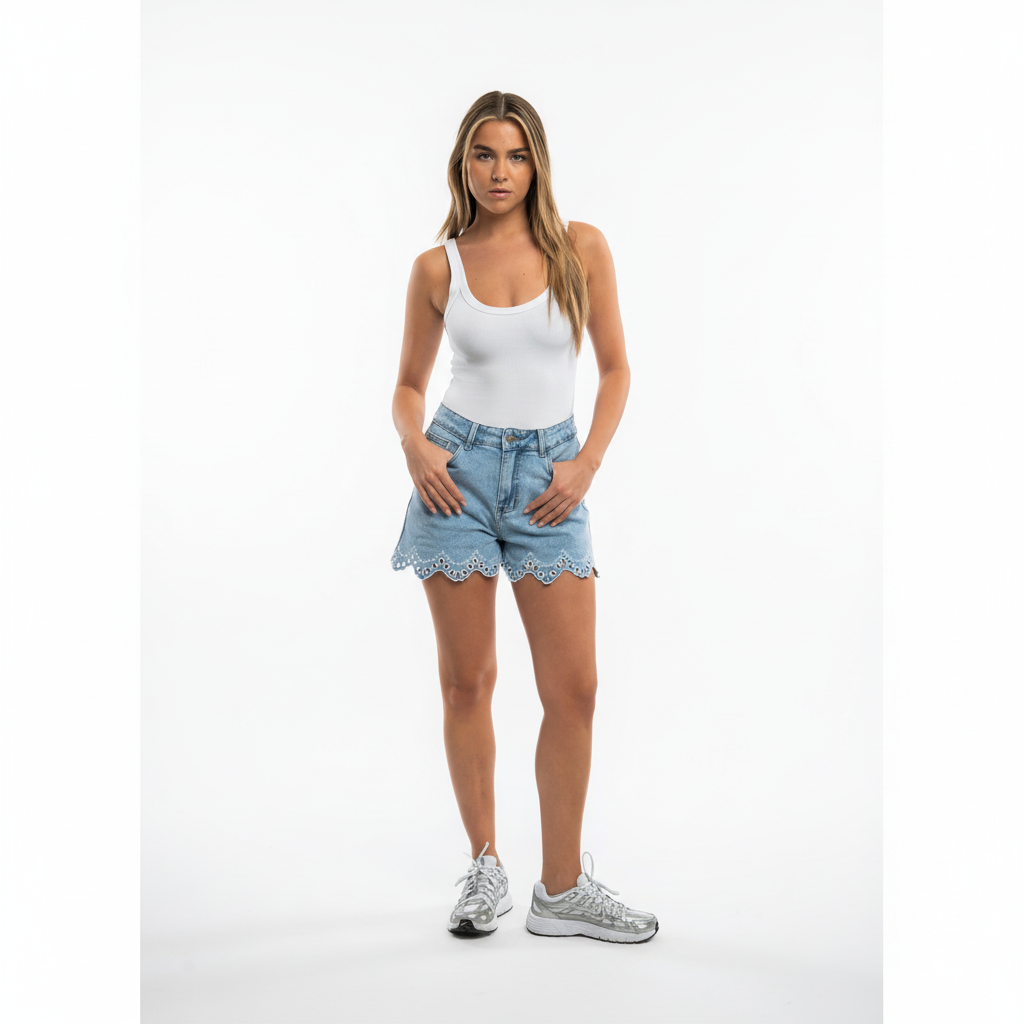 Jasmina Jeans Short met Broderie Rand - Lichtblauw shorts