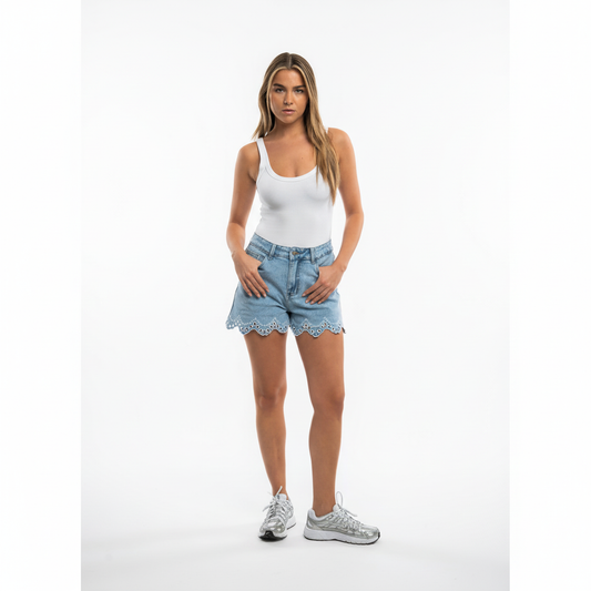 Jeans Short met Broderie Rand - Lichtblauw shorts