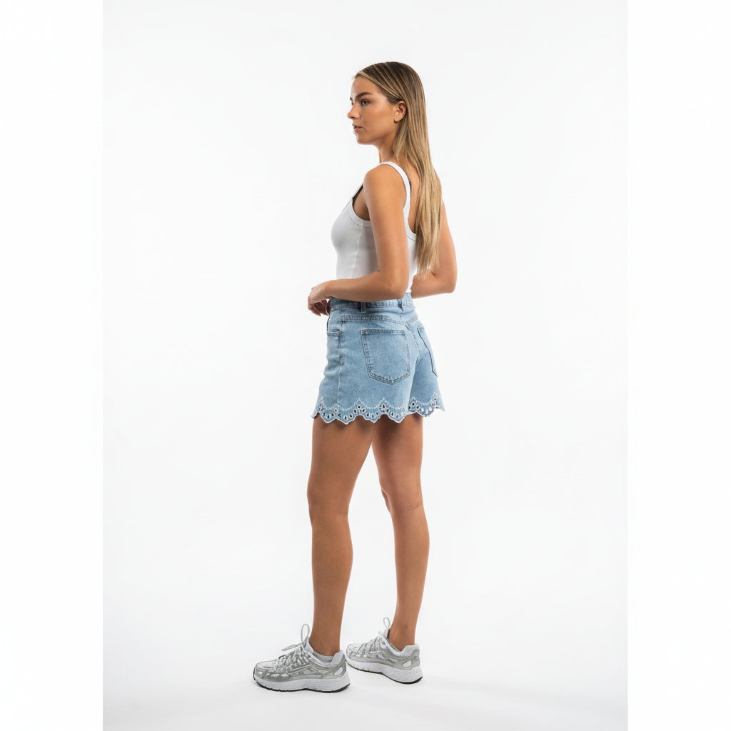 Jasmina Jeans Short met Broderie Rand - Lichtblauw shorts