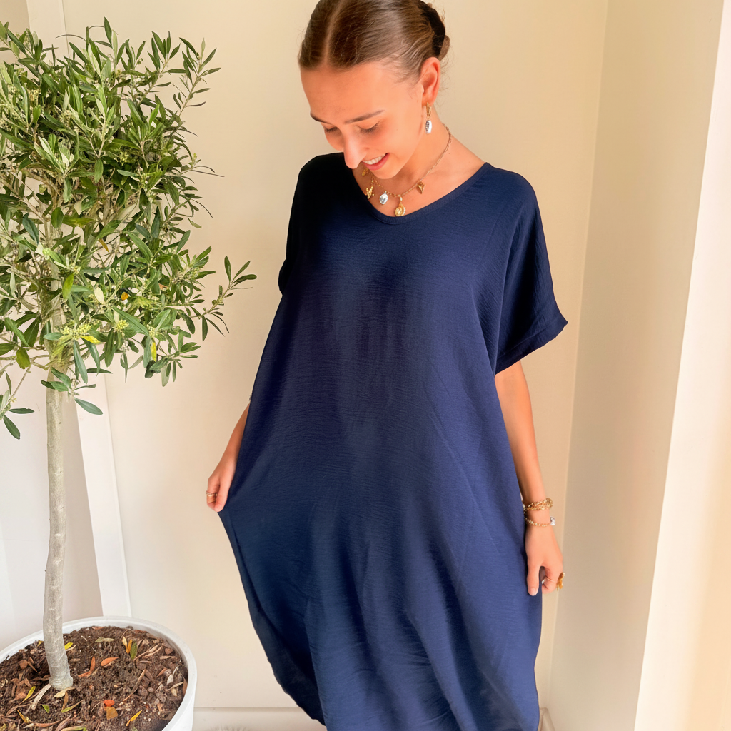 Midi Dress Korte Mouwen | One Size 36-48 Navy Jurken