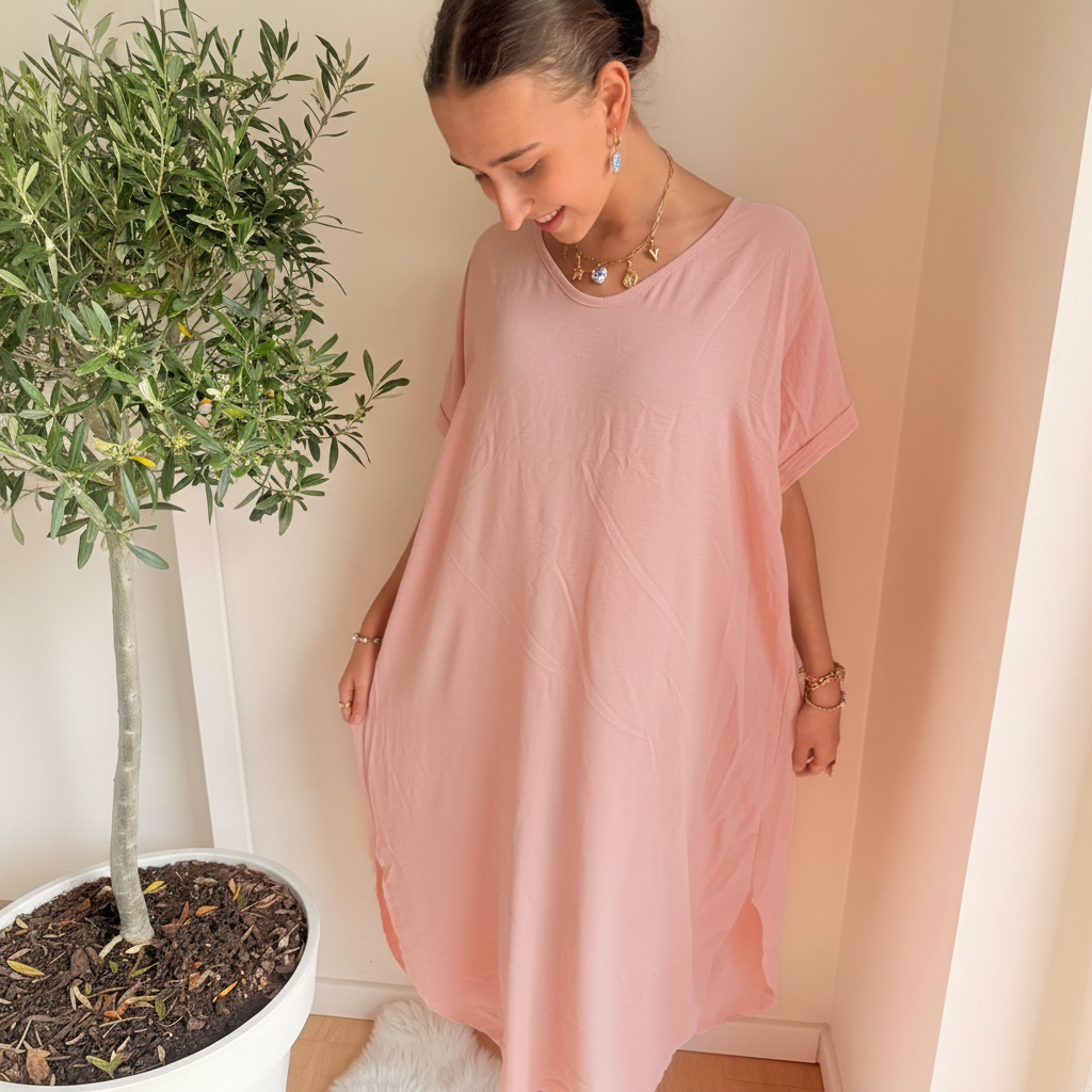 Midi Dress Korte Mouwen | One Size 36-48 Lichtroze Jurken