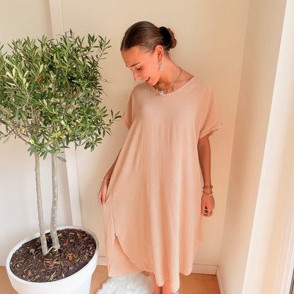 Midi Dress Korte Mouwen | One Size 36-48 Beige Jurken
