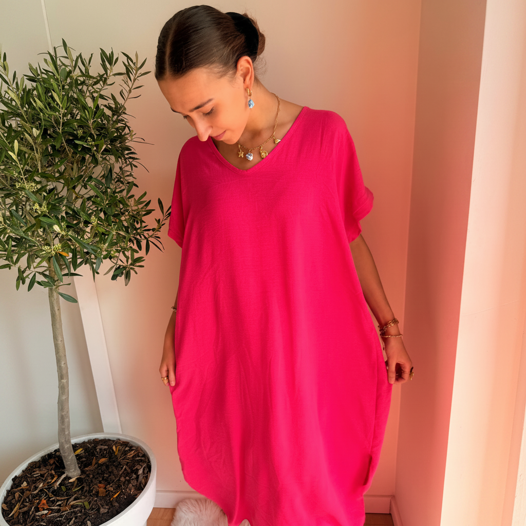 Midi Dress Korte Mouwen | One Size 36-48 Fuchsia Jurken