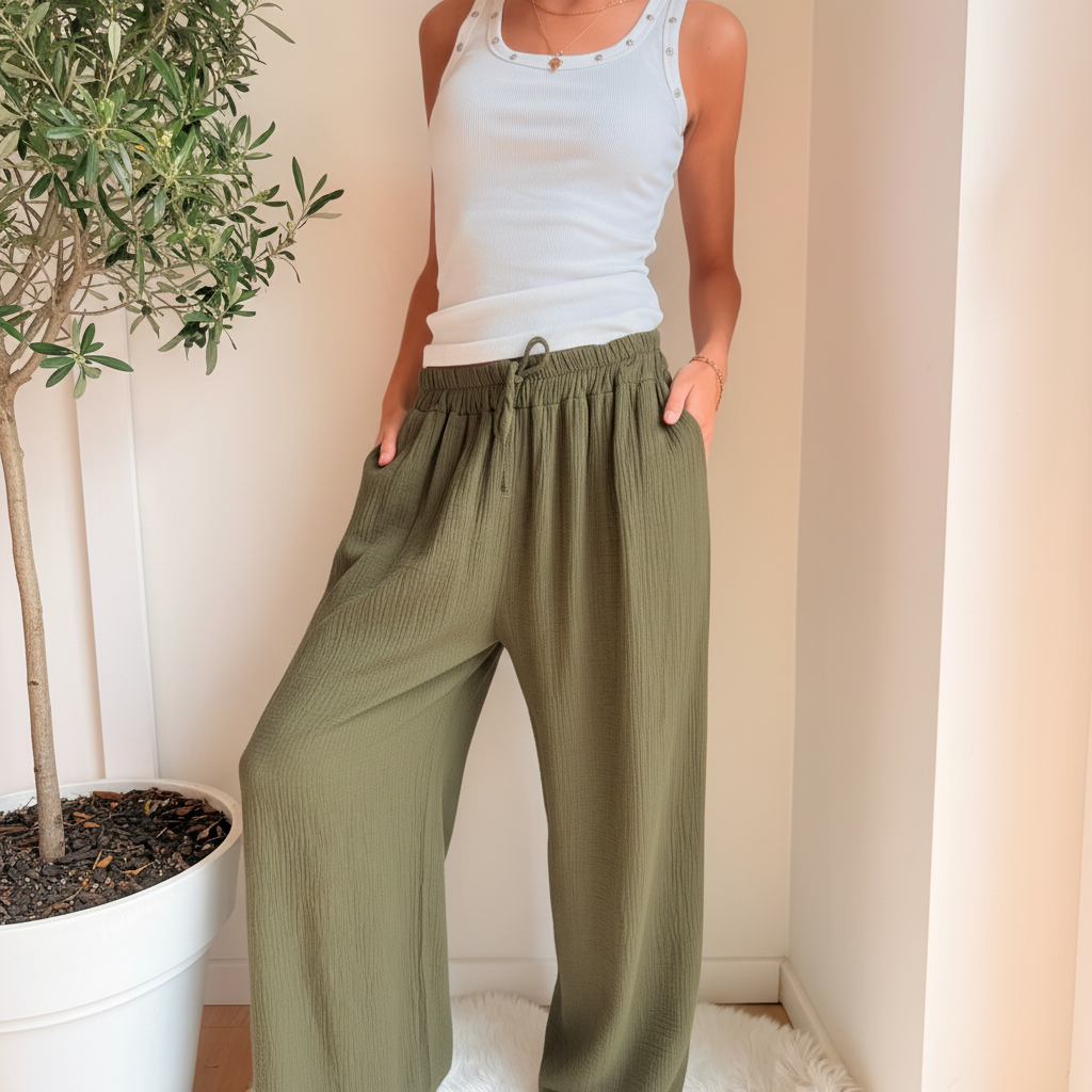 Kaki Oversized Wide Leg Broek Cotton Gauze