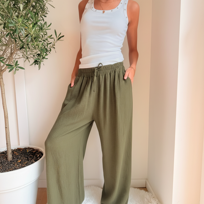 Kaki Oversized Wide Leg Broek Cotton Gauze