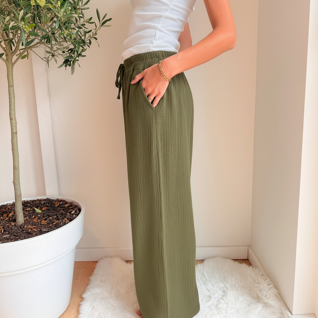 Kaki Oversized Wide Leg Broek Cotton Gauze
