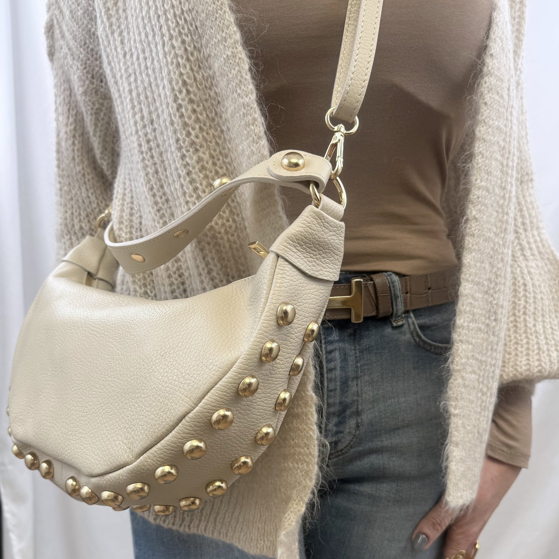 Lederen handtas met studs - Ecru ecru Tassen