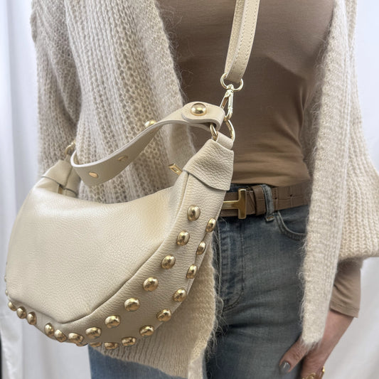 Lederen handtas met studs - Ecru of Chocolat ecru Tassen