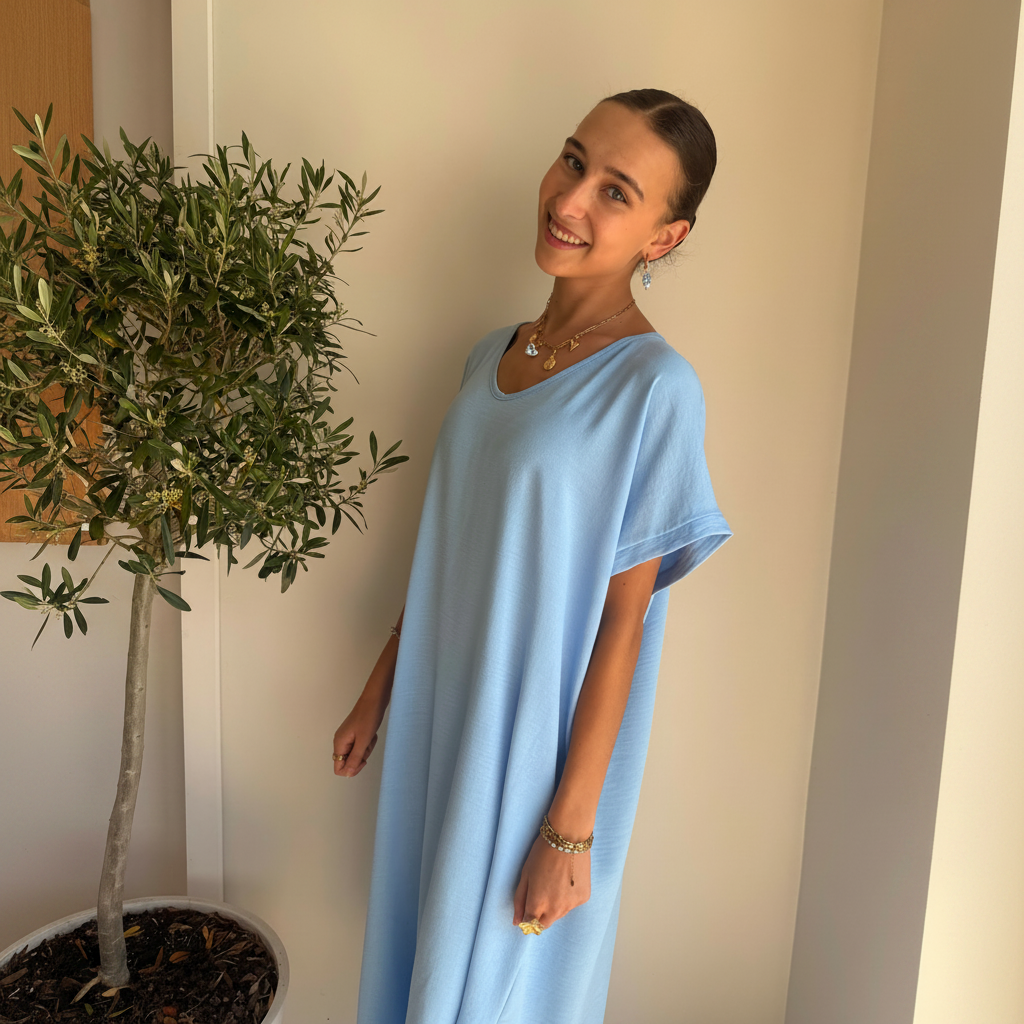 Midi Dress Korte Mouwen | One Size 36-48 Lichtblauw Jurken