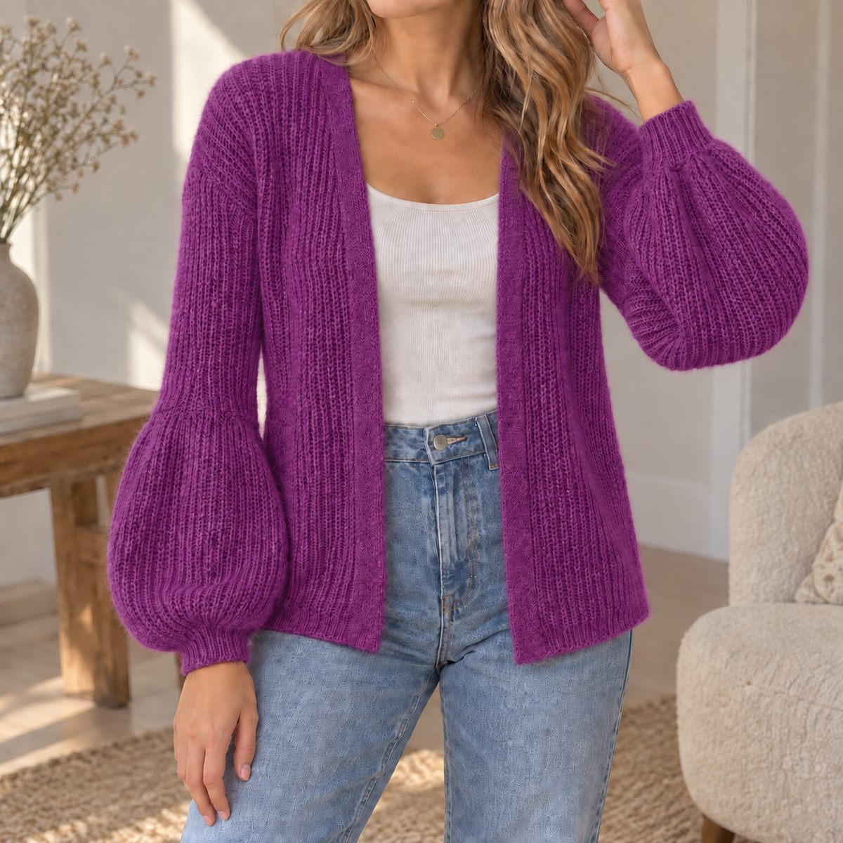 Magenta Wollen Vest met Pofmouwen cardigan