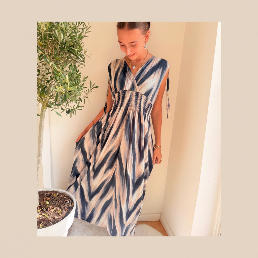 Maxi Dress Zwart/Beige Print Jurk