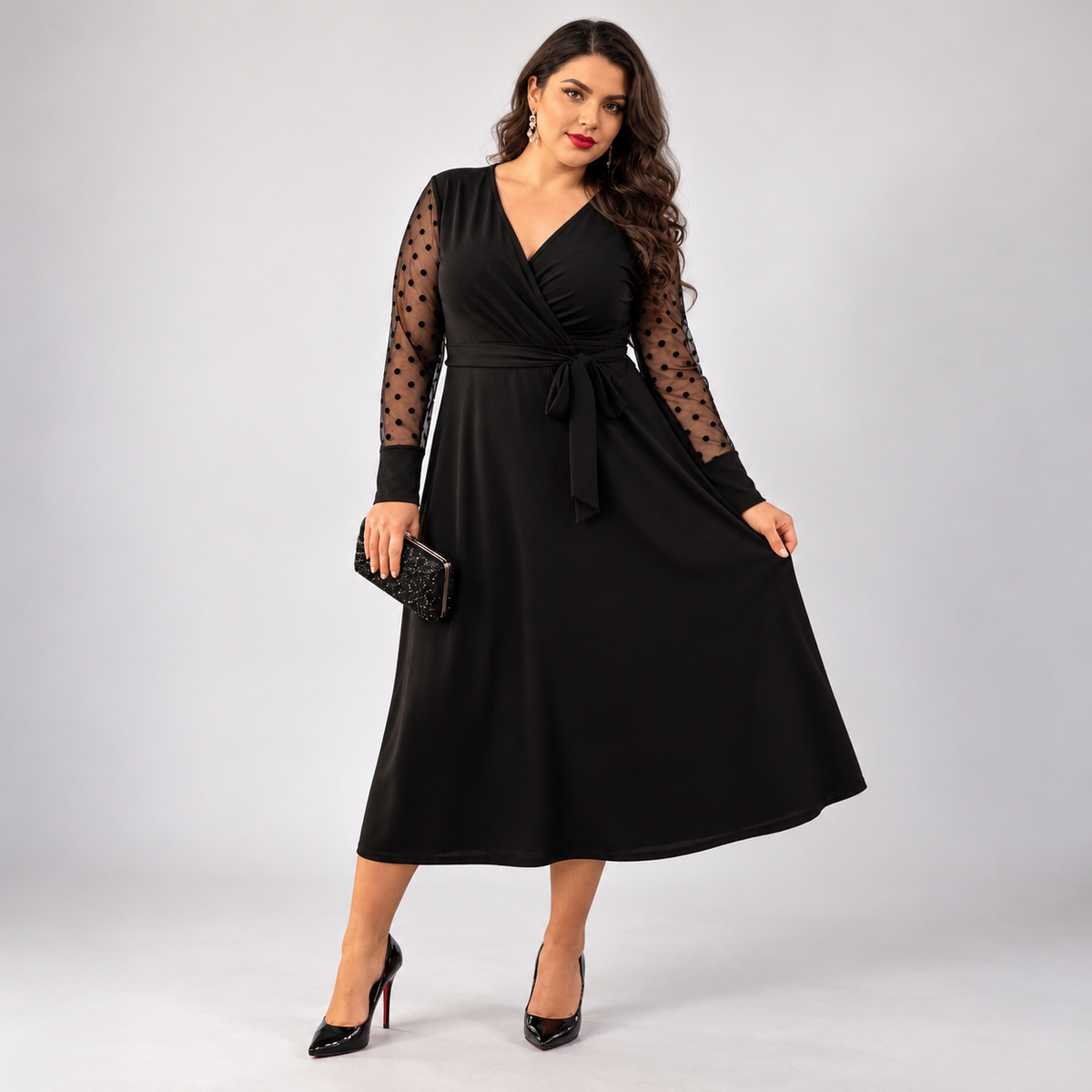 Maxi Jurk met Mesh Mouwen - Zwart jurk