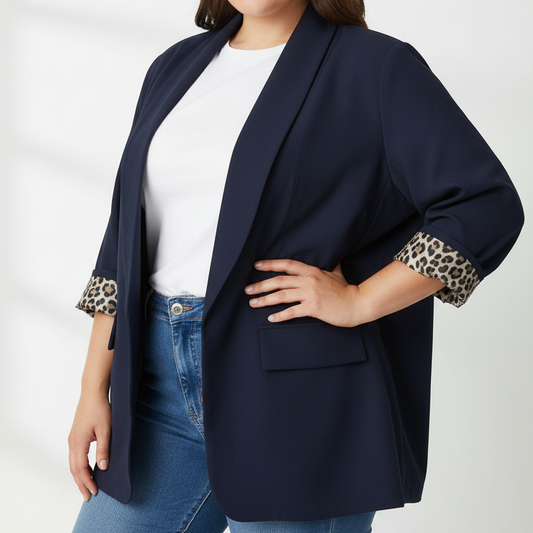 Curvy Blazer met Luipaardprint Details - Navy Blazer
