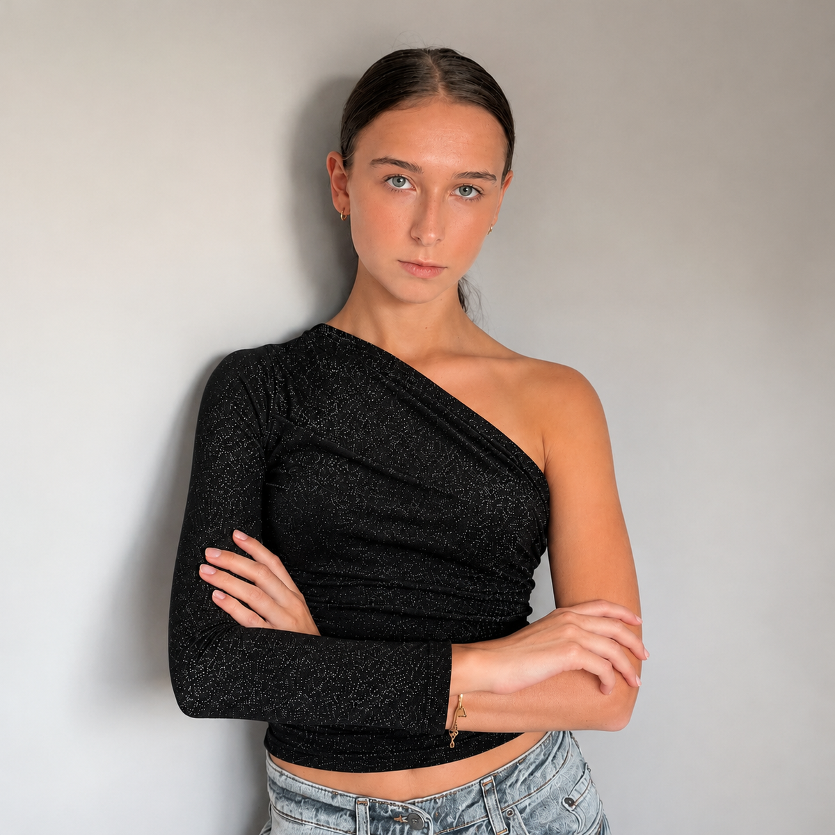 One Shoulder Glittertop – Zwart L Top
