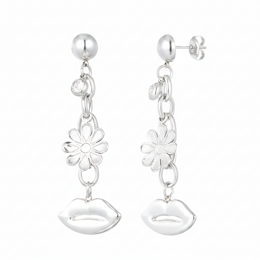 Oorbellen Flower & Lips Strass - Zilver Oorbellen
