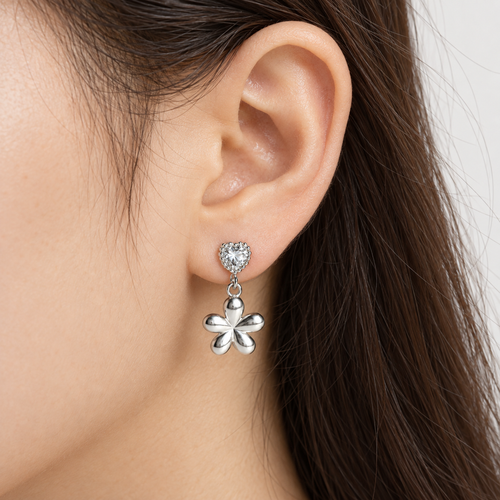 Oorbellen Heart Flower Strass - Zilver Oorbellen