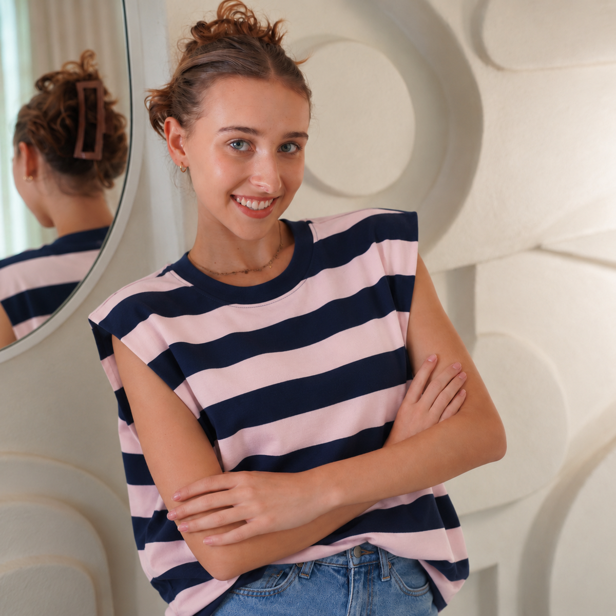 Oversized Striped Shirt Pink/Navy Tops