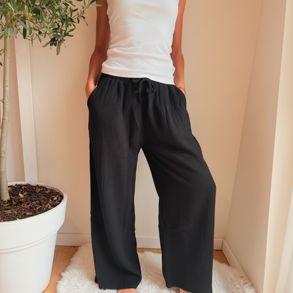 Oversized Wide Leg Broek Cotton Gauze Zwart Broek