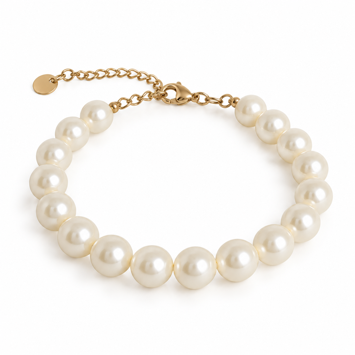 Parelarmband met grote off-white parels, goudkleurige sluiting en verlengketting.