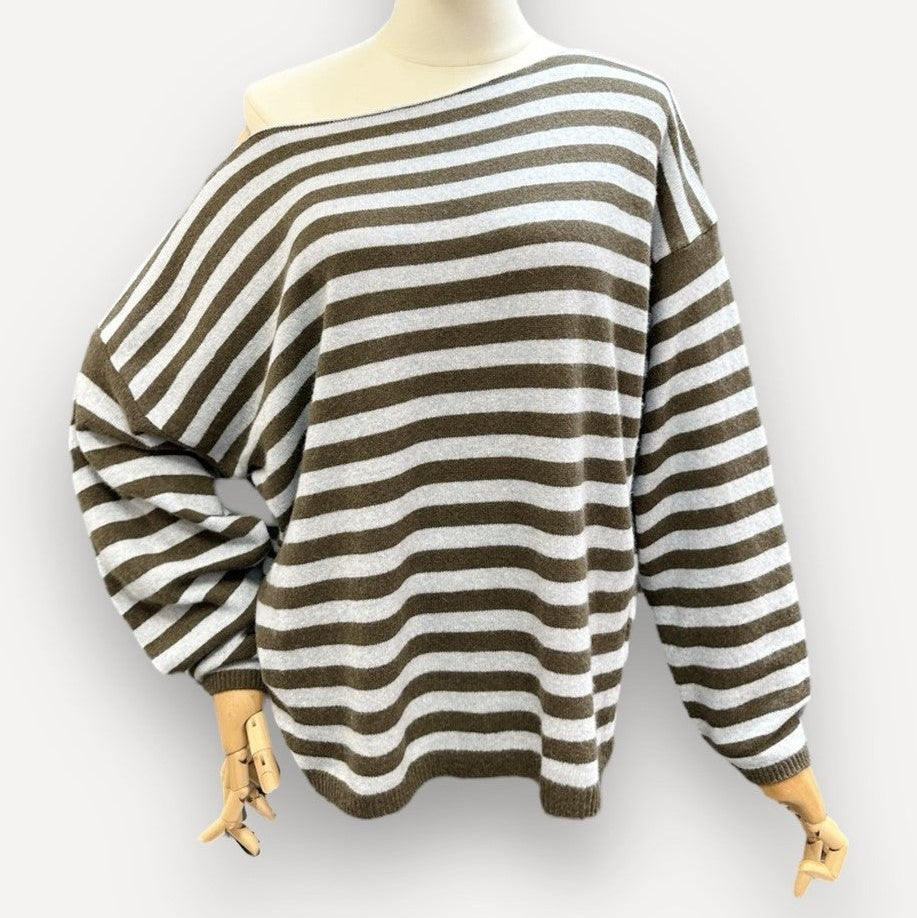 Cashmere boat neck one shoulder striped sweater - Chocolat/Blue Kleding