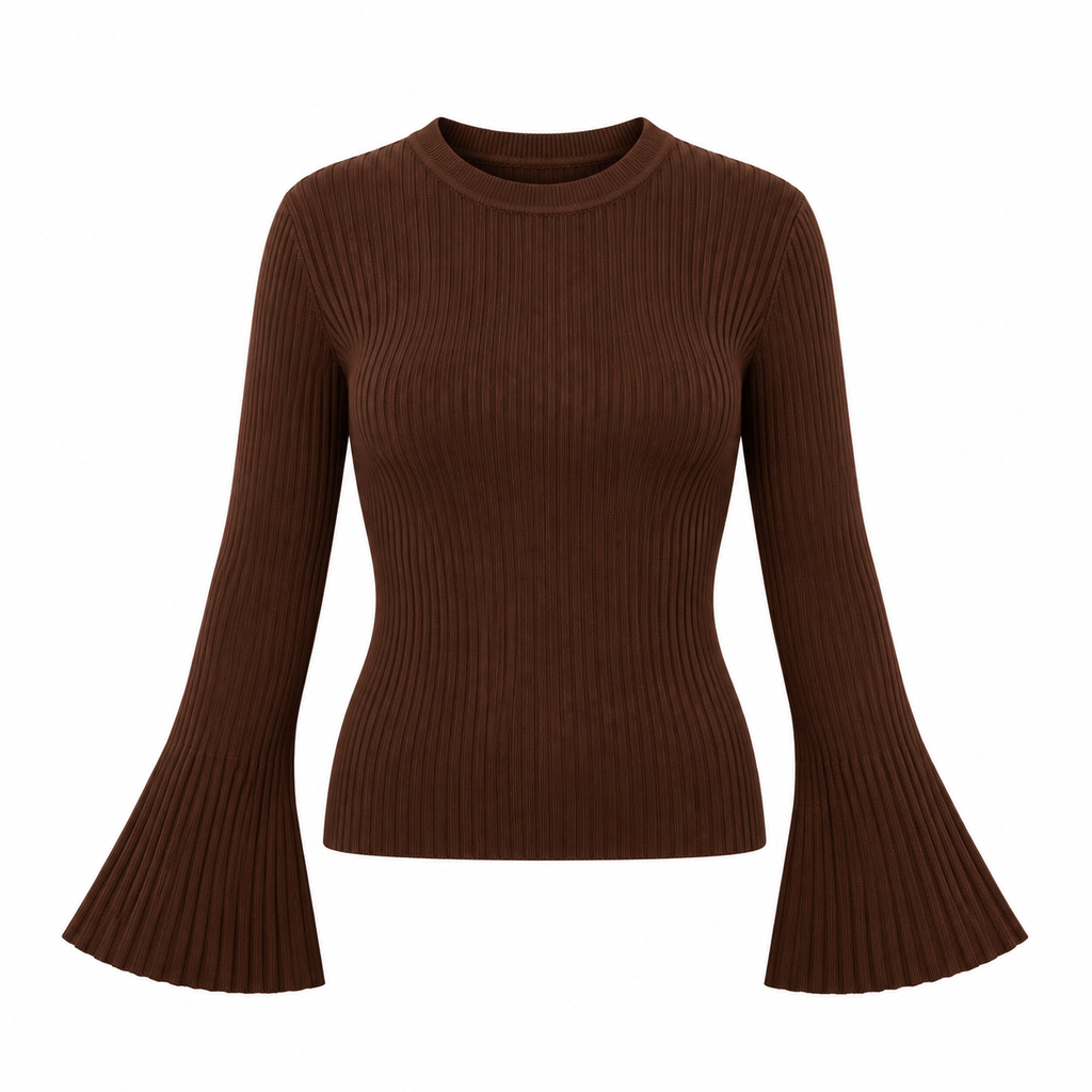 Rib Top met Flared Mouwen – Zwart & Donkerbruin Tops